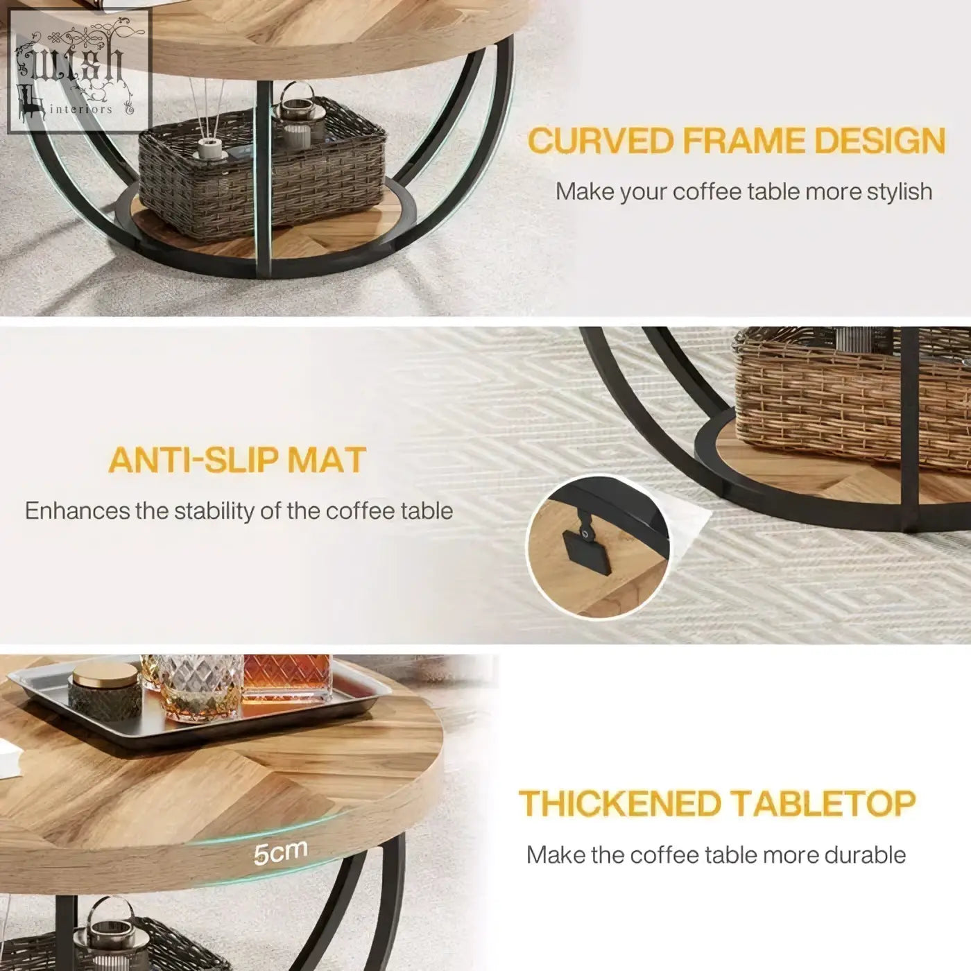Round wooden coffee table with light wood top and black curved metal frame featuring 2 tier shelves