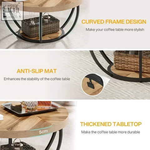 Round wooden coffee table with light wood top and black curved metal frame featuring 2 tier shelves