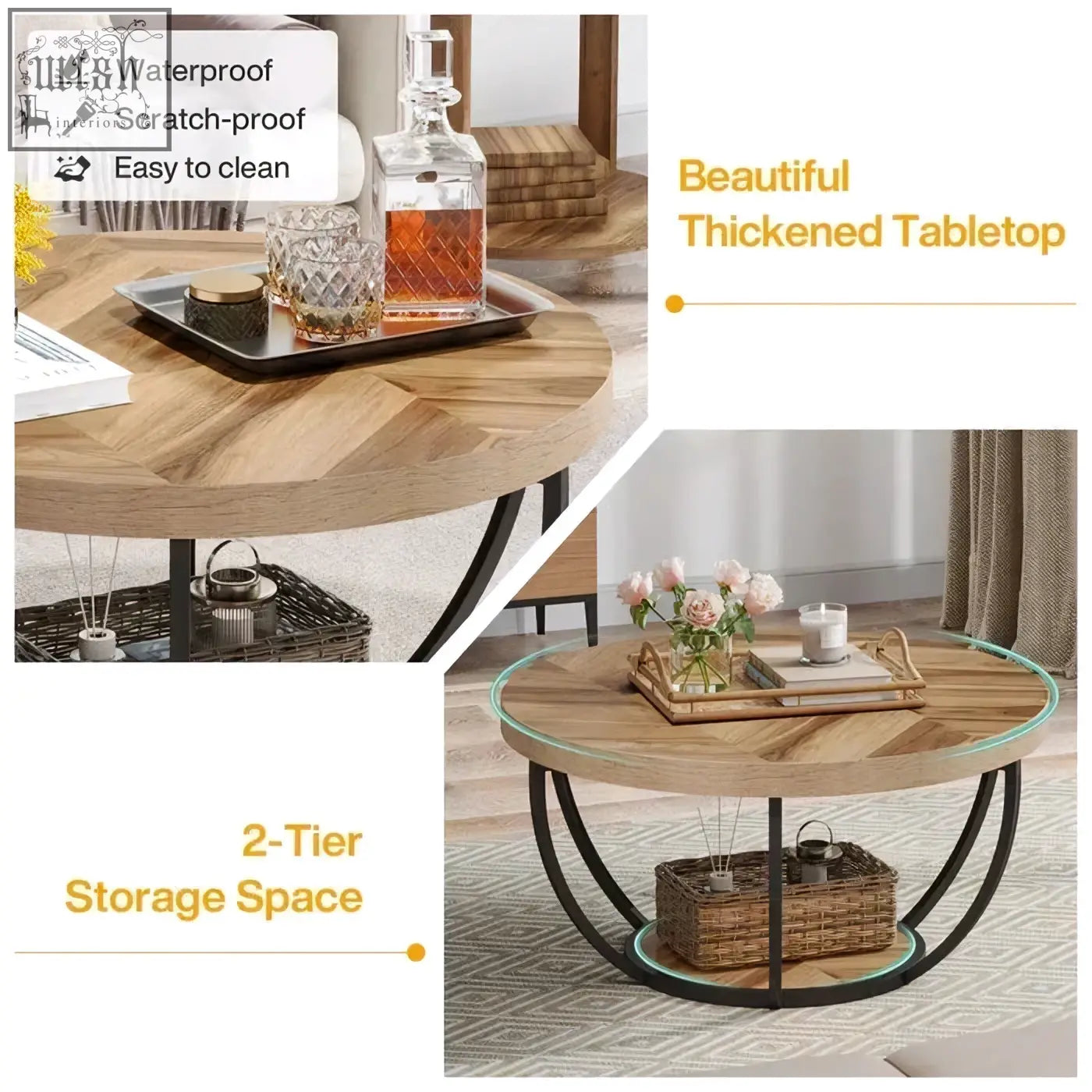 Round wooden coffee table with thick herringbone tabletop and black metal legs featuring two-tier shelves