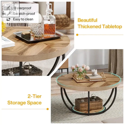 Round wooden coffee table with thick herringbone tabletop and black metal legs featuring two-tier shelves