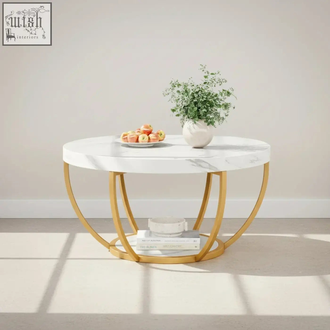 Round wooden coffee table with white marble top gold toned circular metal legs and 2 tier wooden shelves