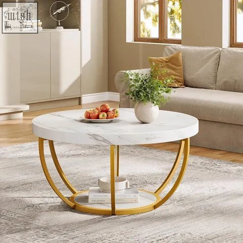 Round wooden coffee table with white marble top gold curved metal legs and lower shelf perfect wooden coffee table