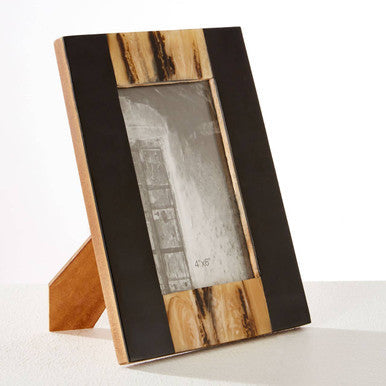 Rova 4 x 6 photo frame with black and gold bone inlay and wooden stand perfect for desk or shelf display
