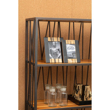 Black metal frame shelf with wooden slats holding two rova 4 x 6 photo frames on the top shelf