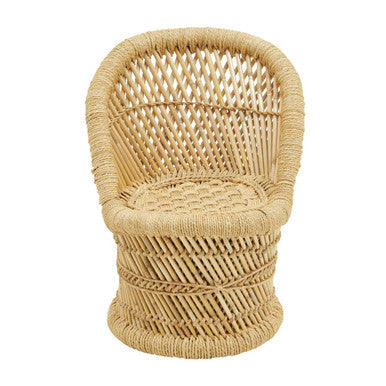 Beige woven rattan children’s natural chair with curved back and diamond-patterned seat from rowan collection