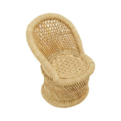 Beige woven rattan rowan childrens natural chair with curved back and intricate interlaced patterns