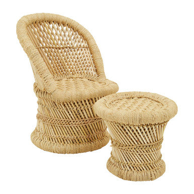 Beige woven rattan natural chair and matching side table set perfect as a children’s natural chair and stool
