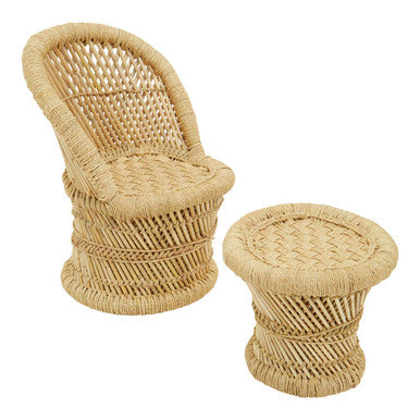 Beige woven rattan children’s natural chair and matching side table set perfect for kids playroom or outdoor use