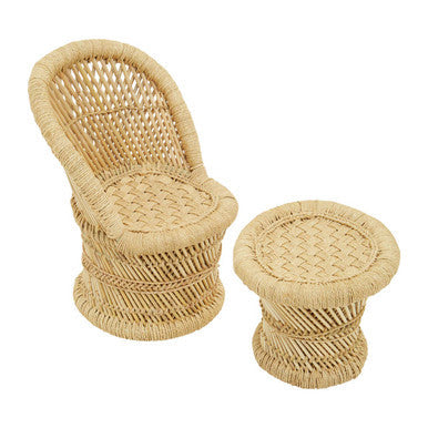 Beige woven rattan children’s natural chair and matching side table perfect for kids’ natural seating set
