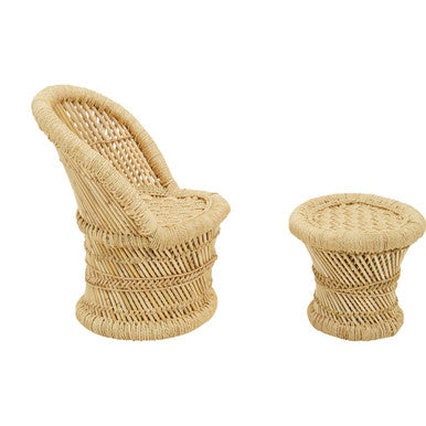 Beige woven rattan children’s natural chair and matching side table set for kids’ natural chair seating