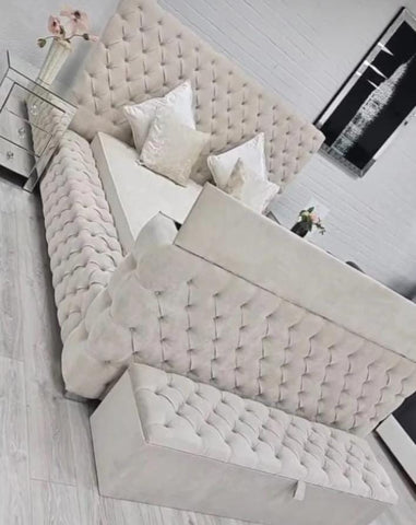 Cream-colored tufted velvet royal tv bed with matching bench and headboard fits tvs king size design