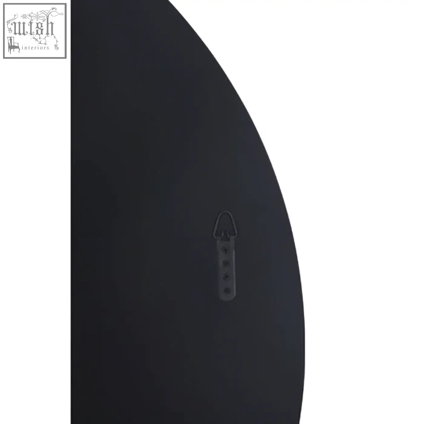 Black curved wall mirror with round wall shelf and small metal hook for stylish wall mirror display