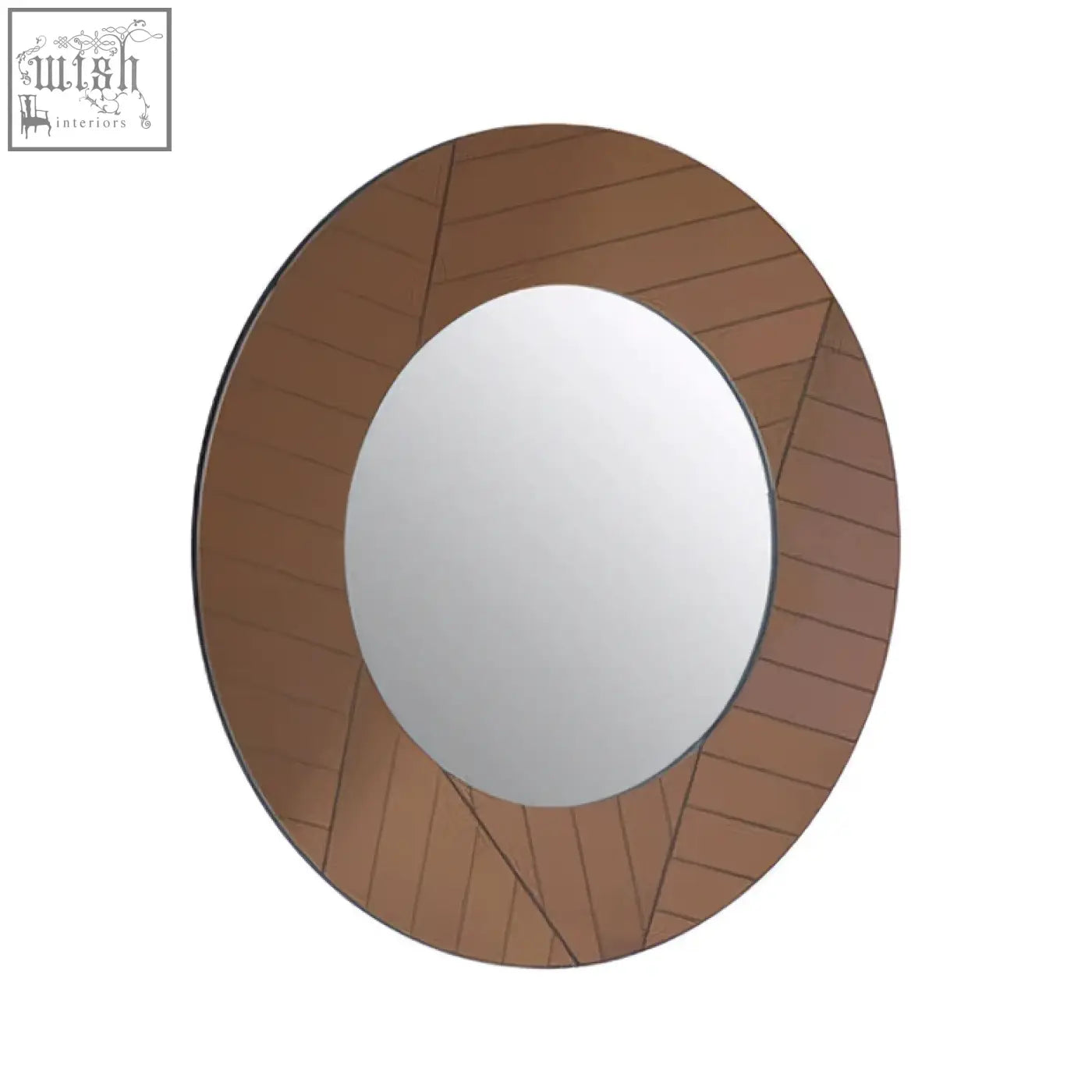 Roza round wall mirror with a bronze-toned geometric patterned frame perfect as a stylish round wall mirror