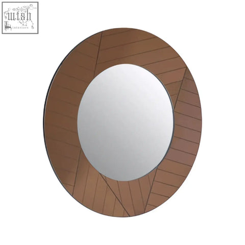Roza round wall mirror with a bronze-toned geometric patterned frame perfect as a stylish round wall mirror