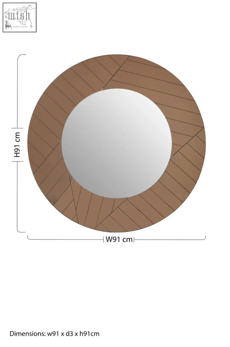 Roza round wall mirror with brown wooden frame and diagonal slats 91 cm round wall mirror for decor