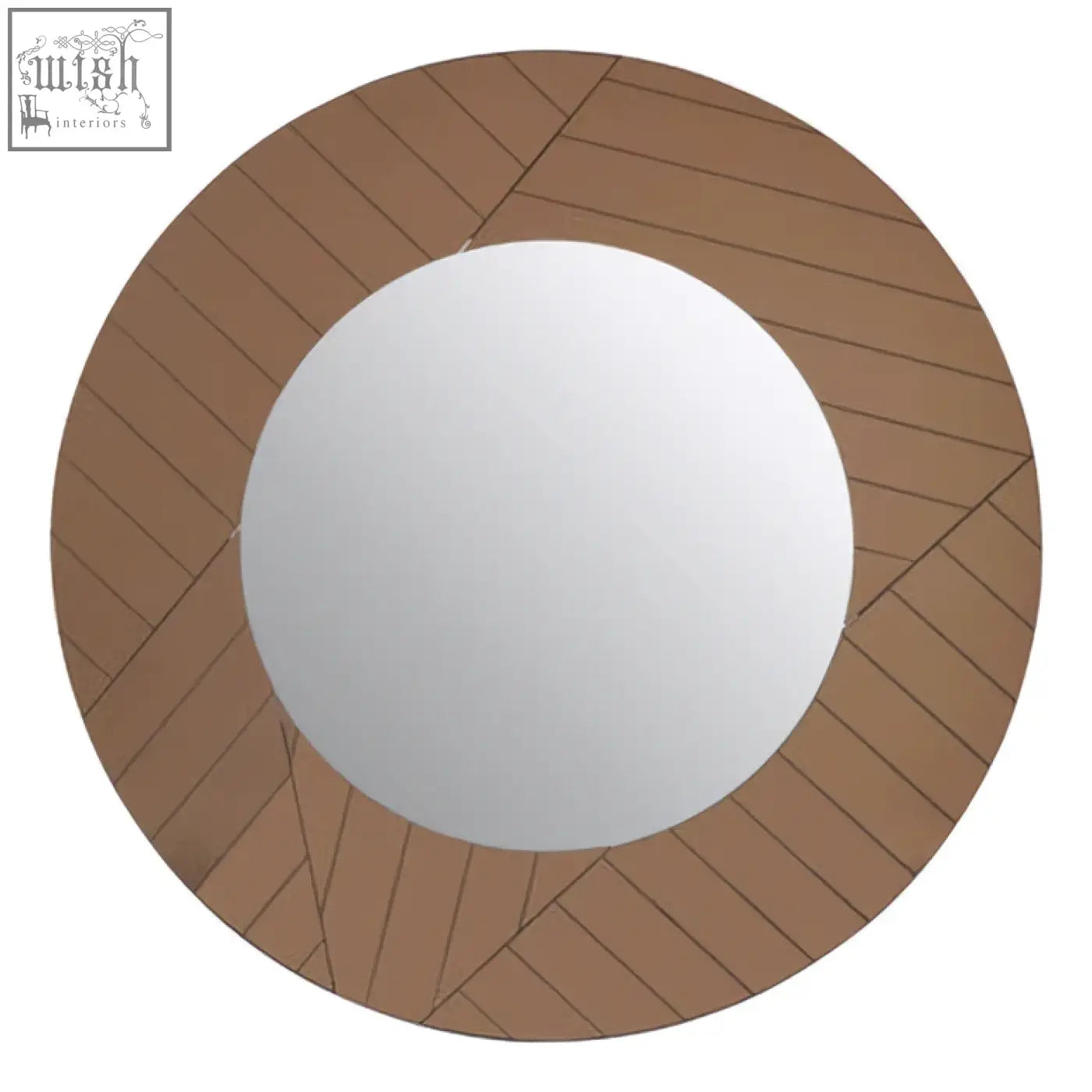 Roza round wall mirror with a brown wooden frame featuring diagonal slats perfect as a stylish round wall mirror
