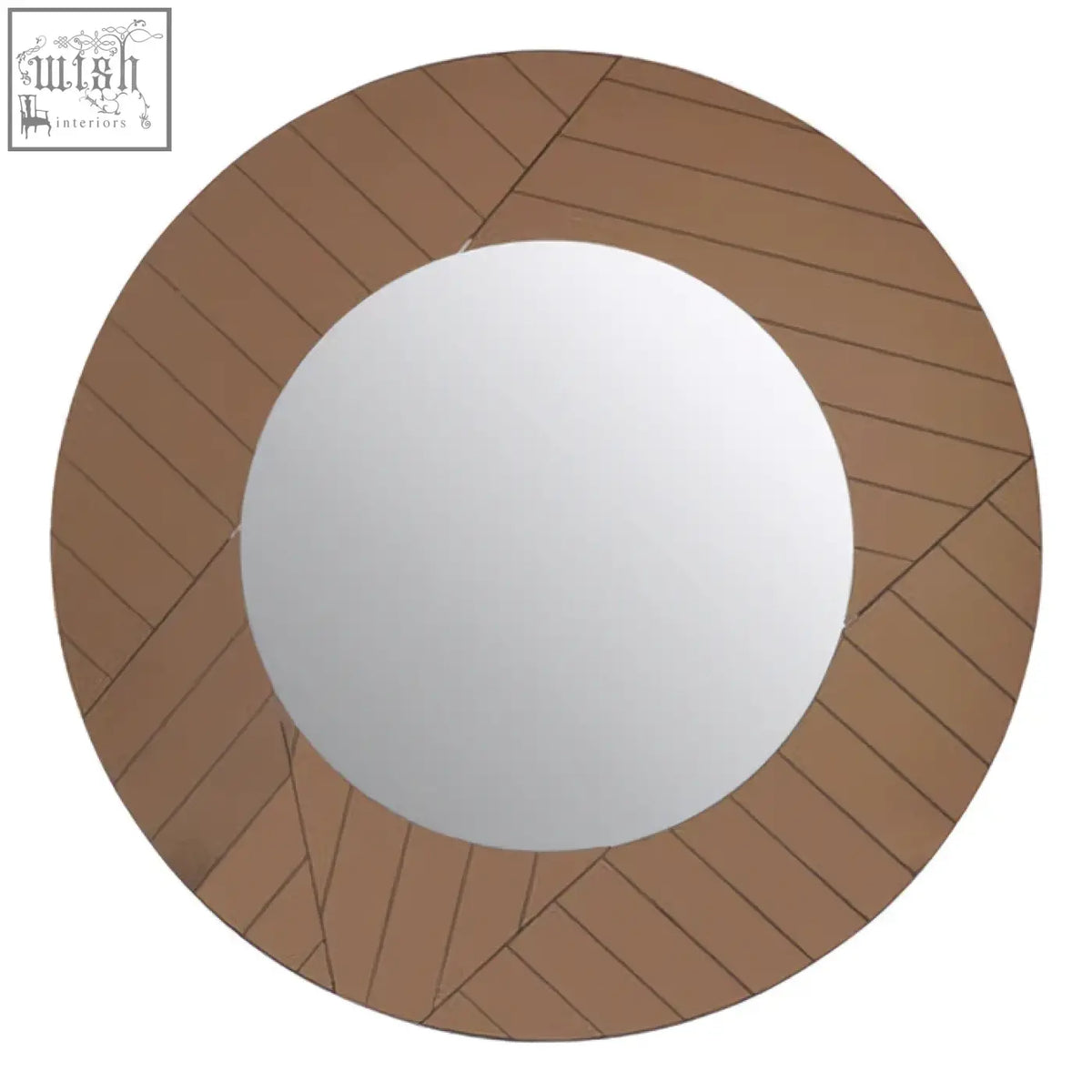 Roza round wall mirror with a brown wooden frame featuring diagonal slats perfect as a stylish round wall mirror