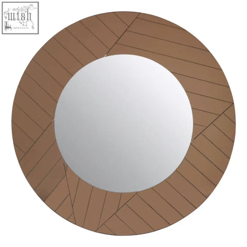 Roza round wall mirror with a brown wooden frame featuring diagonal slats perfect as a stylish round wall mirror