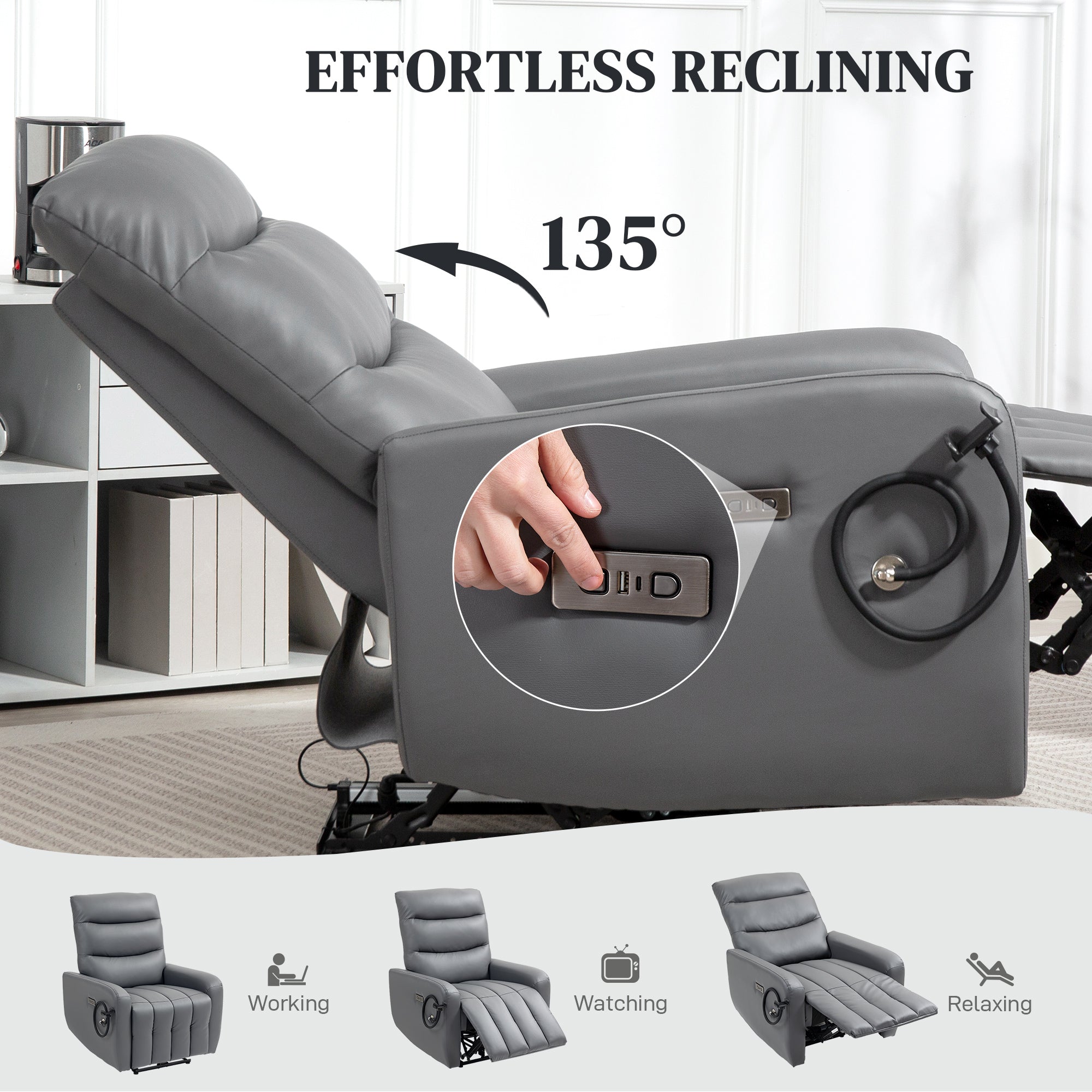HOMCOM Electric Recliner Armchair with USB + Type C Charge Port, Phone Holder, PU Leather Reclining Chair with Adjustable Leg Rest, Recliner Chair for Home Living Room Theater, Grey