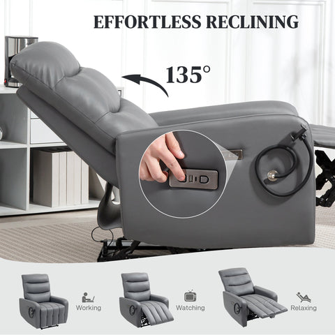 HOMCOM Electric Recliner Armchair with USB + Type C Charge Port, Phone Holder, PU Leather Reclining Chair with Adjustable Leg Rest, Recliner Chair for Home Living Room Theater, Grey