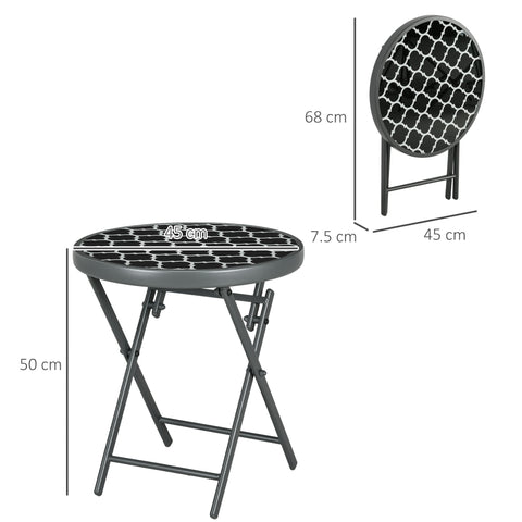 Outsunny \'ce\'a645cm Garden Side Table, Outdoor Round Folding Patio Table with Imitation Marble Glass Top, Small Coffee Table, Black and White