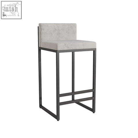 Ruby bar stool with sleek black wrought iron frame and light gray high density upholstered seat and backrest
