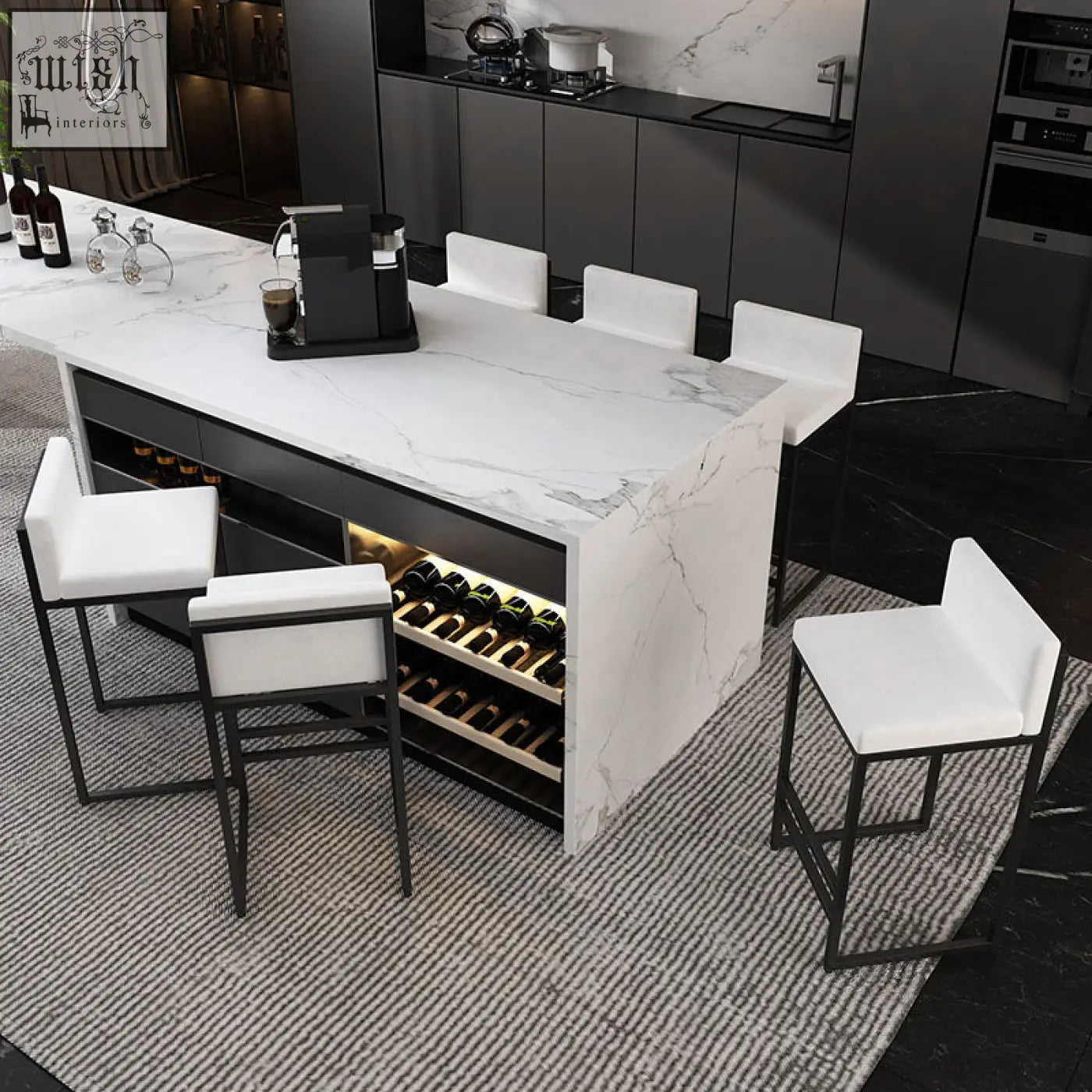 Modern white marble kitchen island with ruby bar stool featuring high density cushion and black wrought iron frame