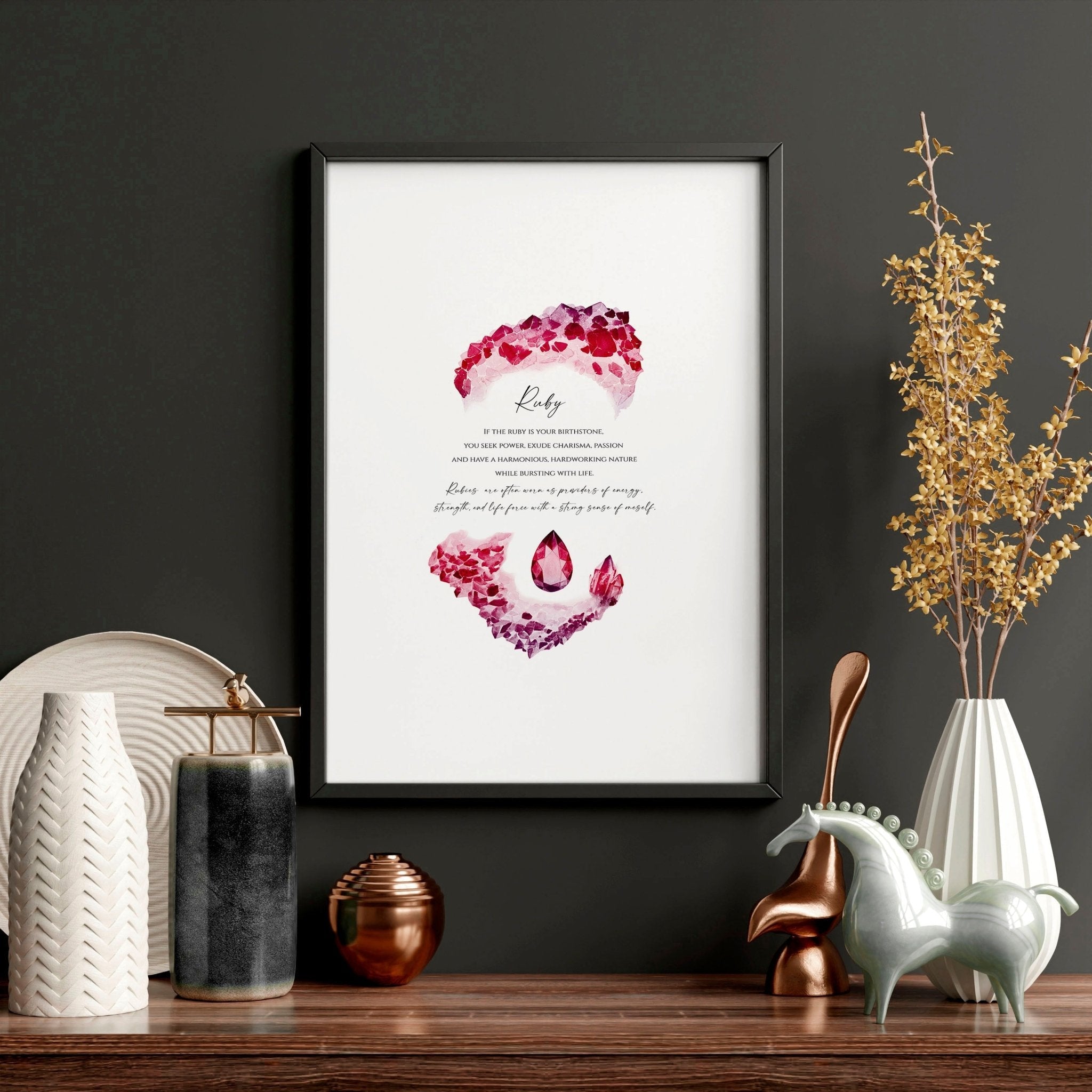 Ruby Birthstone significance framed wall art print