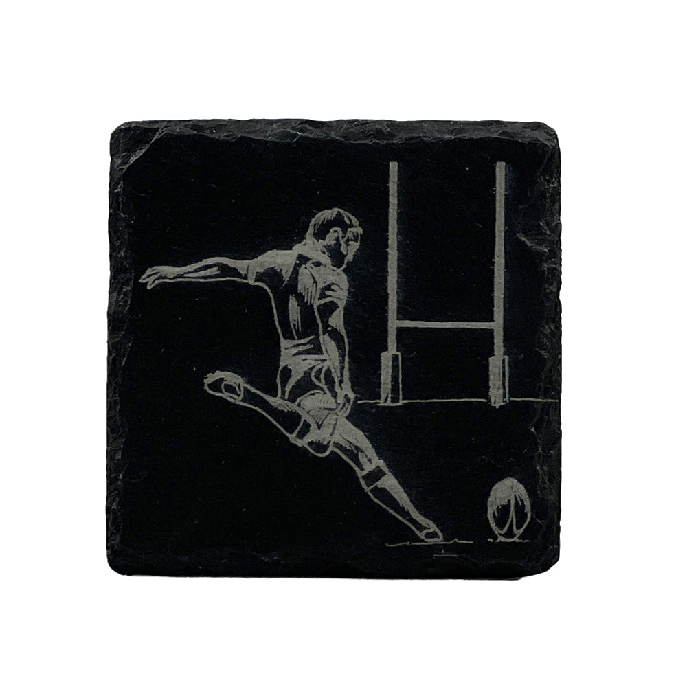 Black single slate coaster with a light etched rugby player design in mid-kick perfect as a slate coaster