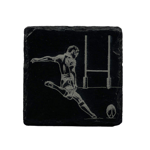 Black single slate coaster with a light etched rugby player design in mid-kick perfect as a slate coaster