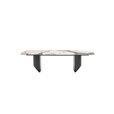 Modern rupert dining table with white and gray marble top and sleek black metal legs perfect for dining spaces