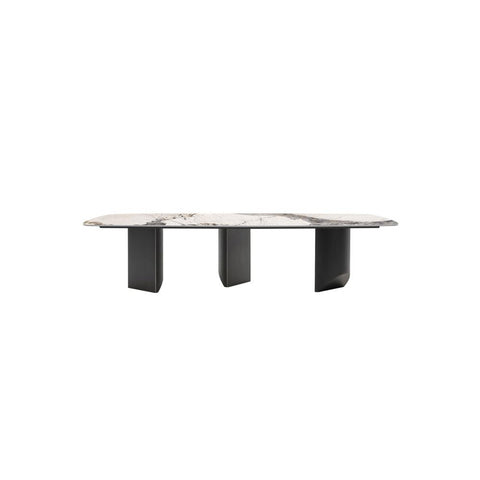 Modern oval rupert dining table with white and gray marble top and matte black rectangular legs