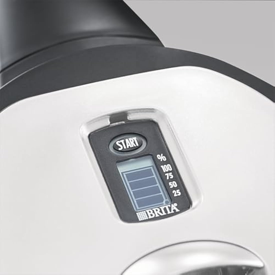 White and black brita water filter pitcher with digital display showing percentage levels featuring brita maxtra+ filter
