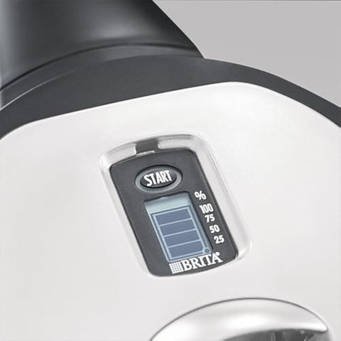 White and black brita water filter pitcher with digital display showing percentage levels featuring brita maxtra+ filter
