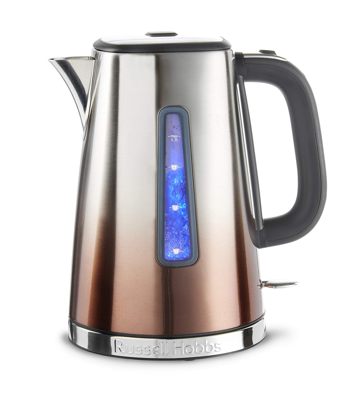 Stainless steel and copper russell hobbs eclipse electric kettle with black handle and blue lit water level indicator