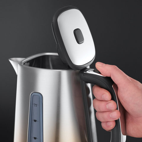 Stainless steel electric kettle with black accents and sleek modern design from russell hobbs eclipse collection