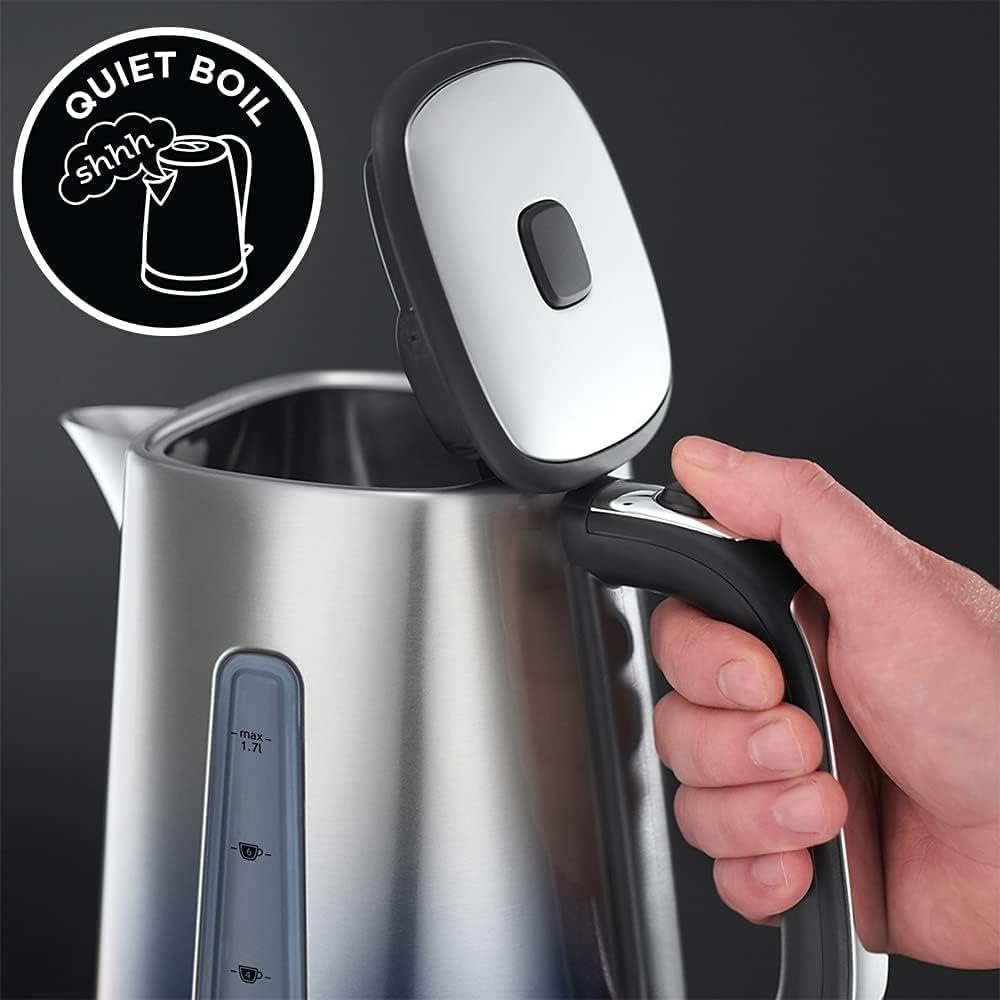 Silver stainless steel russell hobbs eclipse electric kettle with black lid handle quiet boil and perfect pour spout