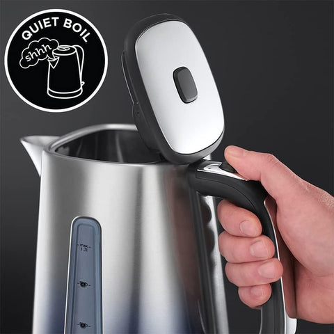 Silver stainless steel russell hobbs eclipse electric kettle with black lid handle quiet boil and perfect pour spout