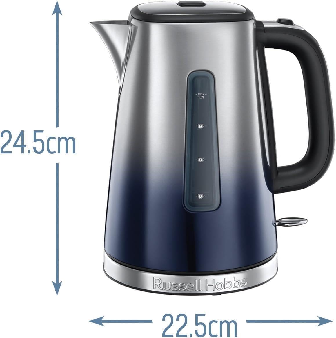 A russell hobbs eclipse cordless electric kettle with perfect pour spout and silver to deep blue ombre finish