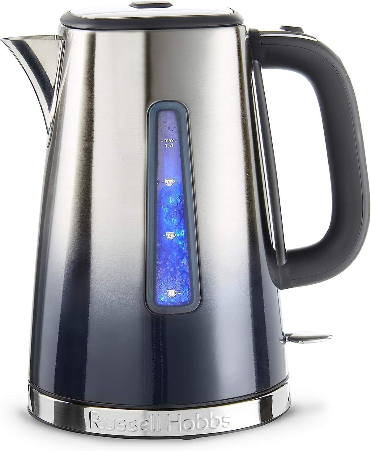 Stainless steel and midnight blue russell hobbs eclipse electric kettle with blue illuminated water level and perfect pour spout