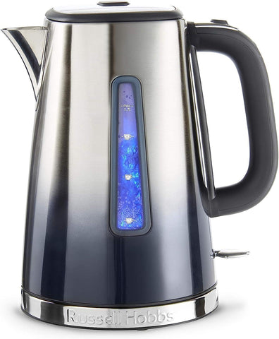 Stainless steel and midnight blue russell hobbs eclipse electric kettle with blue illuminated water level and perfect pour spout