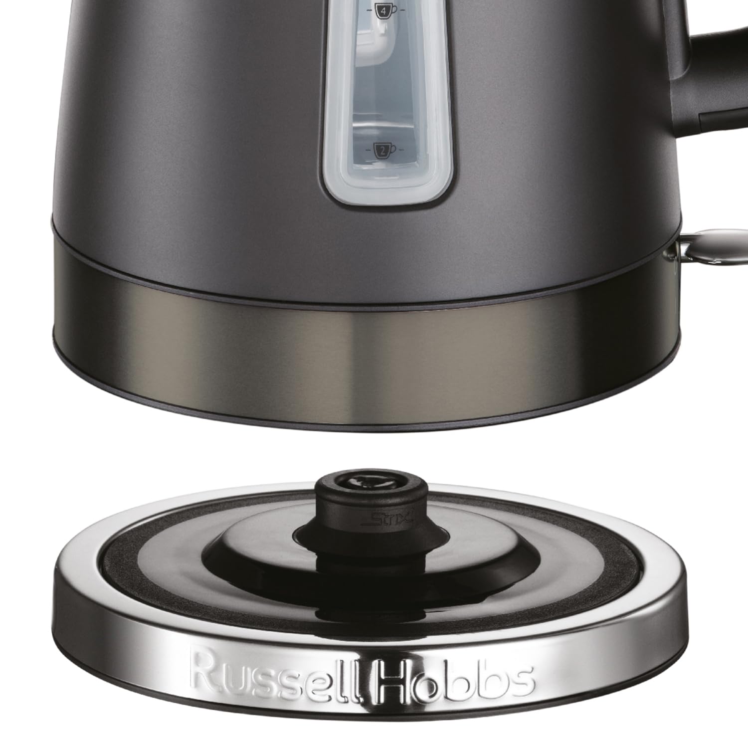Dark grey russell hobbs stainless steel electric kettle with matte black finish perfect pour and water level indicator