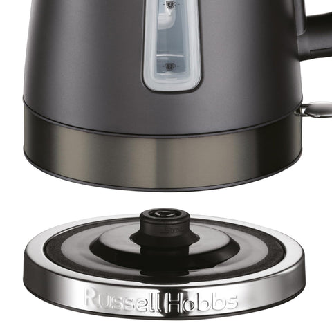 Dark grey russell hobbs stainless steel electric kettle with matte black finish perfect pour and water level indicator