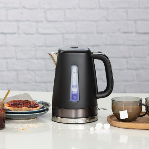 Black russell hobbs electric kettle with stainless steel base matte black finish and transparent water level perfect pour
