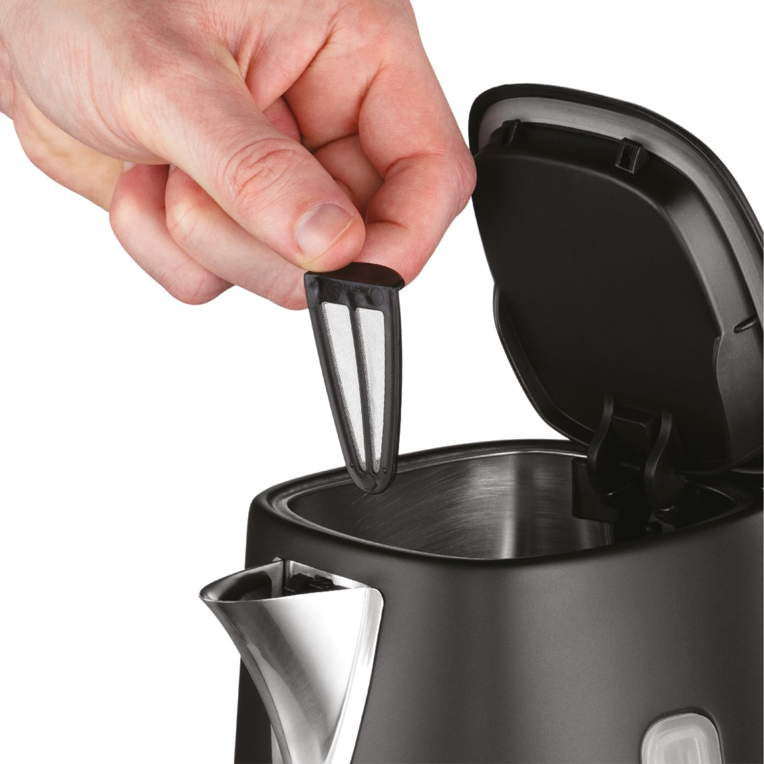 Black matte russell hobbs electric kettle with stainless steel spout lid removable mesh filter perfect pour design