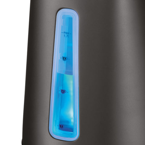 Sleek russell hobbs electric kettle in stainless steel with matte black accents and a blue water level perfect pour indicator