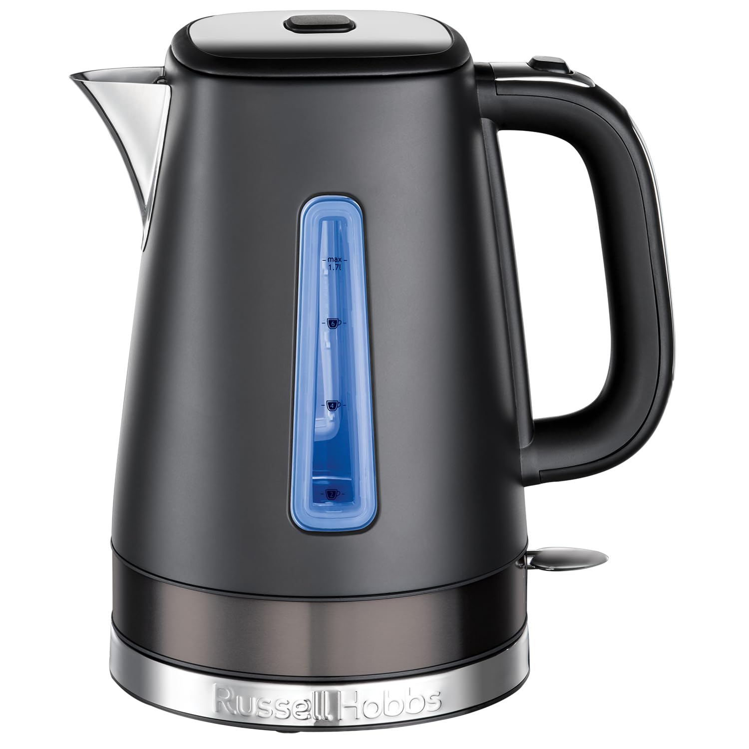 Black russell hobbs electric kettle with matte black stainless steel base and perfect pour water level indicator