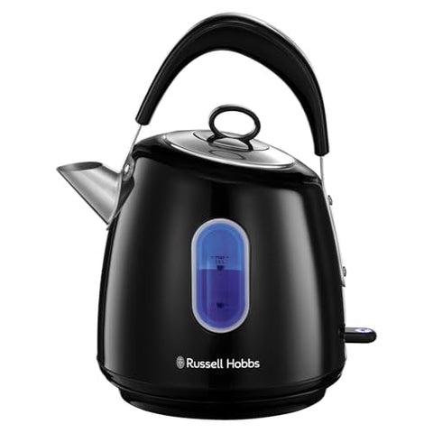 Black russell hobbs electric kettle with glossy finish and oval blue water window featuring perfect pour spout