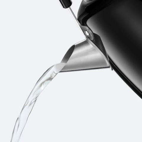 Sleek black russell hobbs electric kettle with stainless steel and grey accents pouring water with perfect pour spout