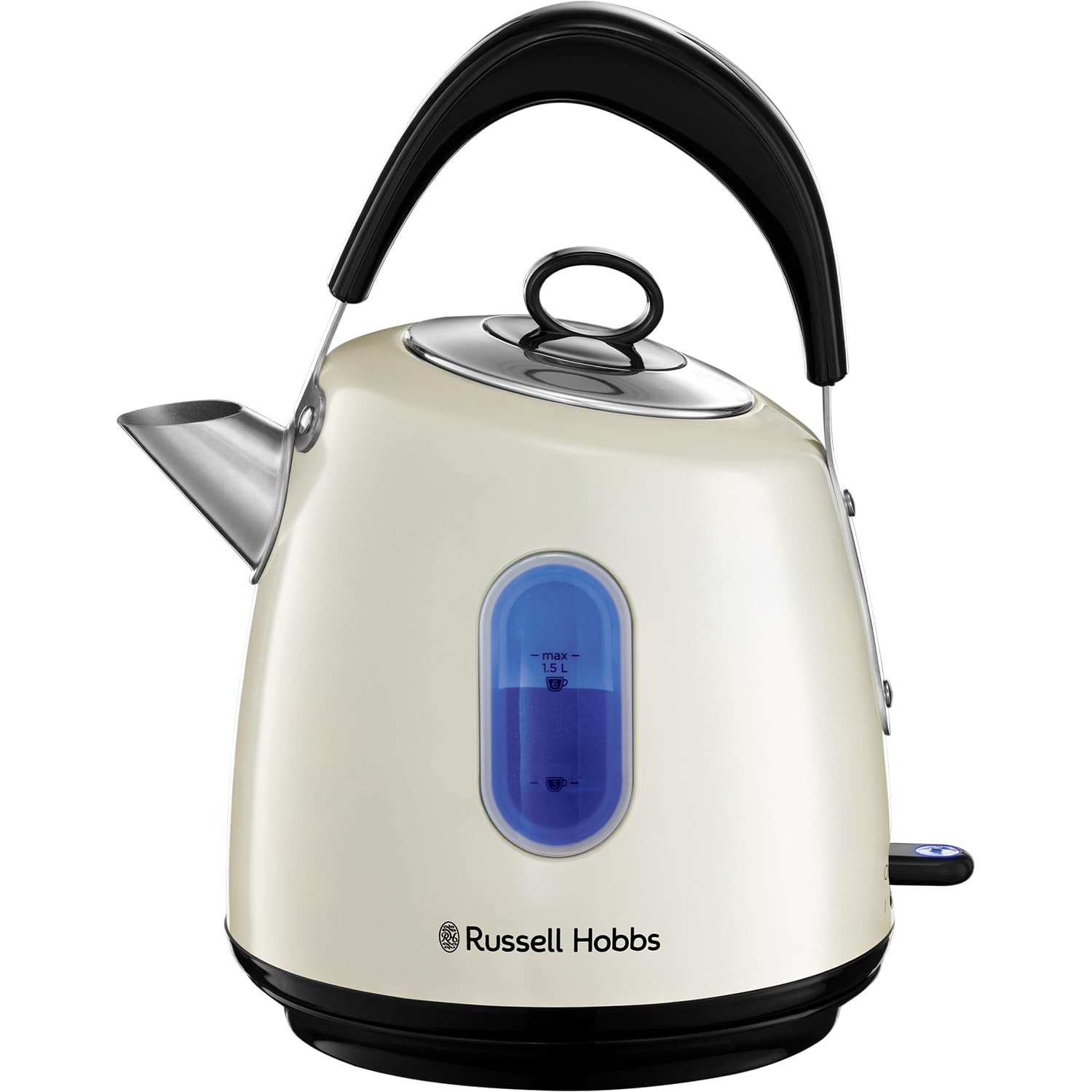Cream-colored russell hobbs electric kettle with black handle stainless steel perfect pour spout for tea or coffee